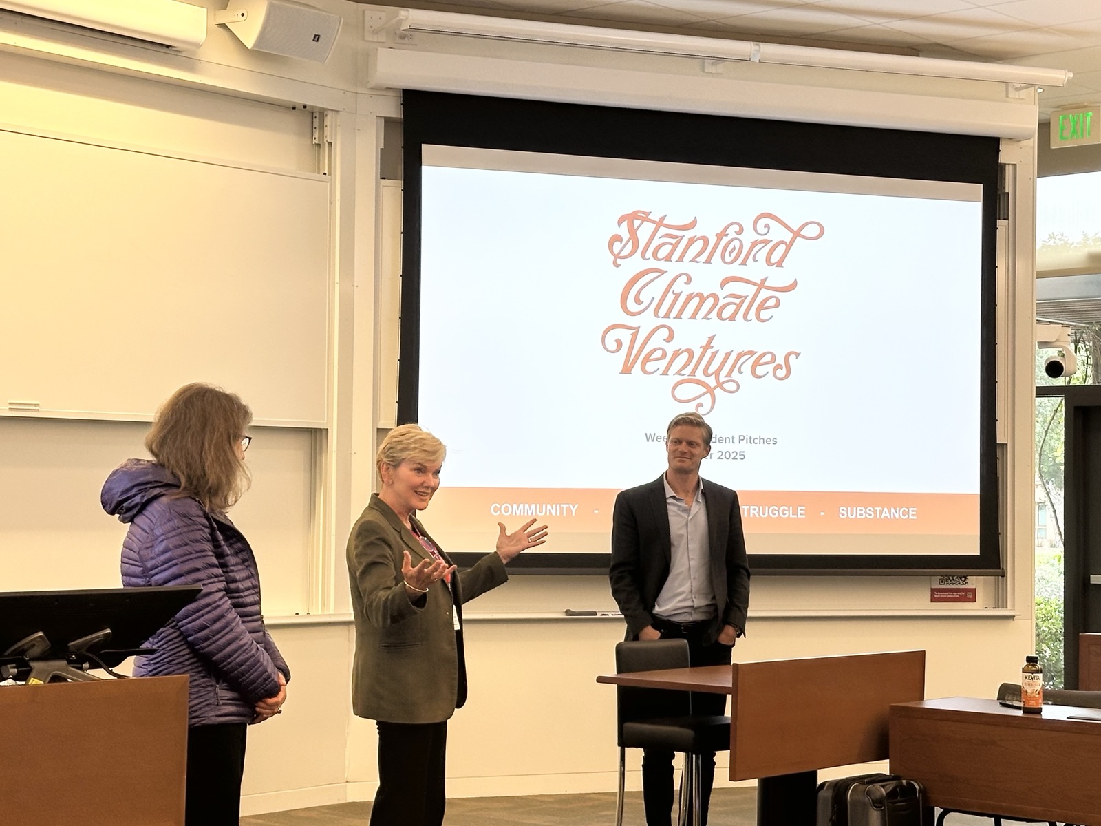 Former U.S. Secretary of Energy Jennifer Granholm speaking with Stanford Climate Ventures students